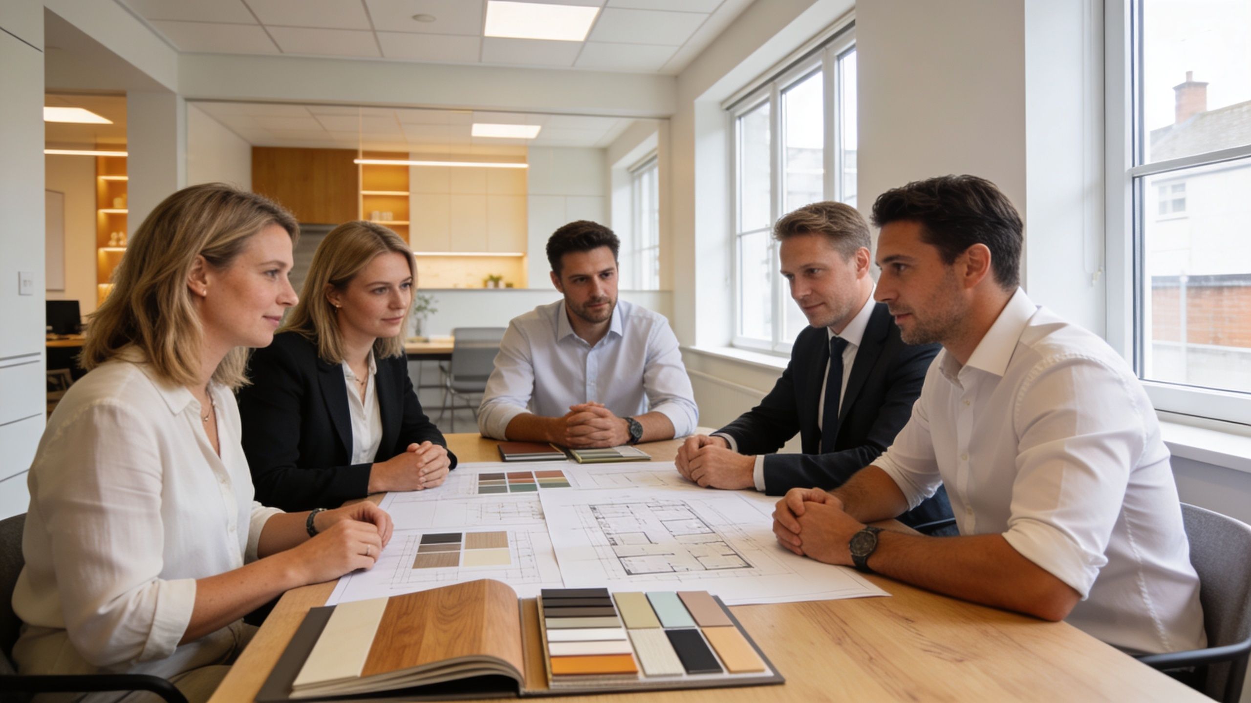 A diverse group of professional interior designers collaborating over architectural blueprints and color swatches in an office.