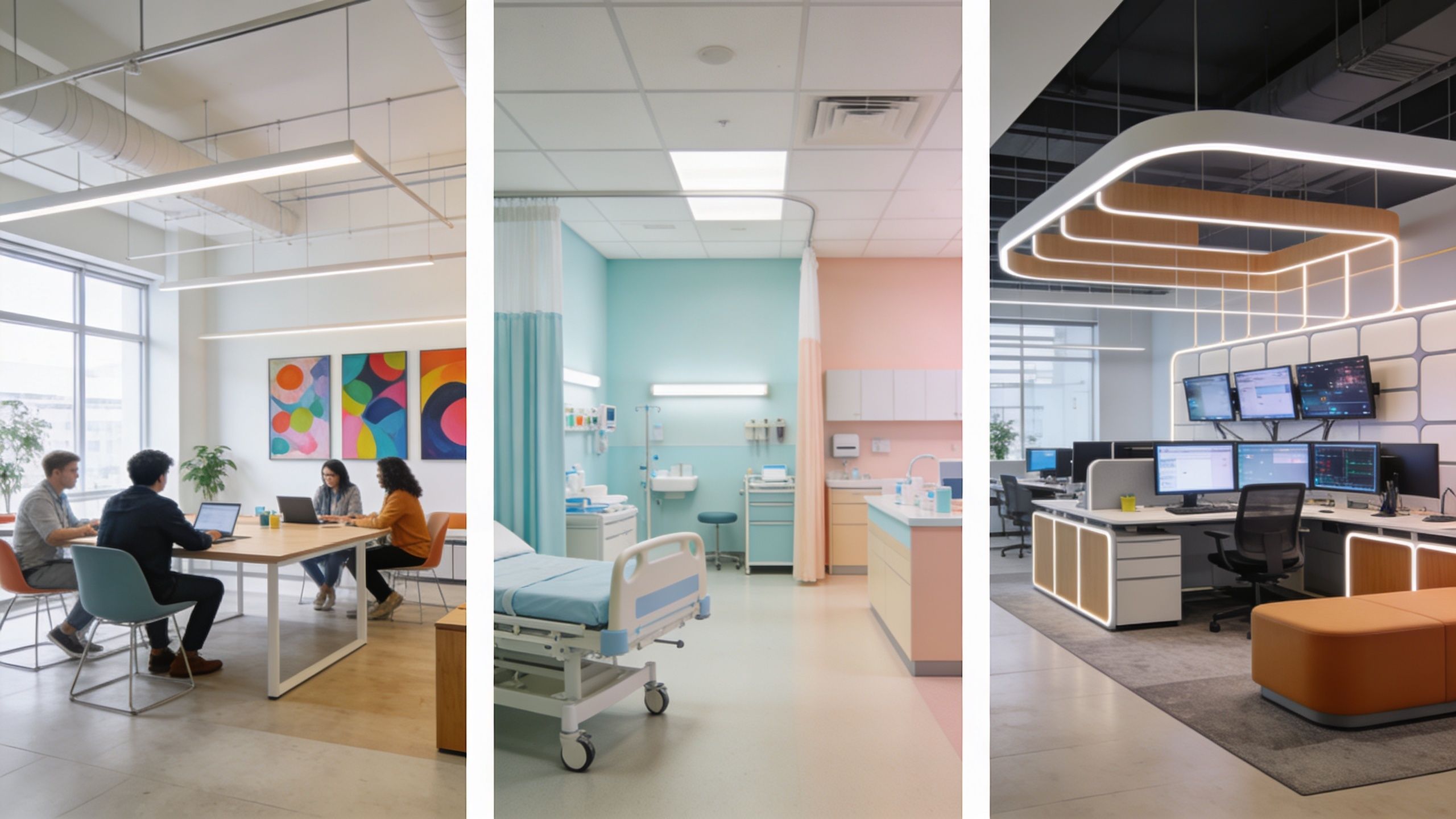 A three-panel composite image showcasing a modern collaborative workspace, a sterile medical examination room, and a tech-focused office.