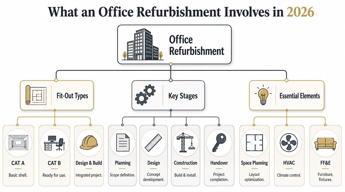 A diagram illustrating the three main components of office refurbishment in 2026: fit-out types, key stages, and elements.