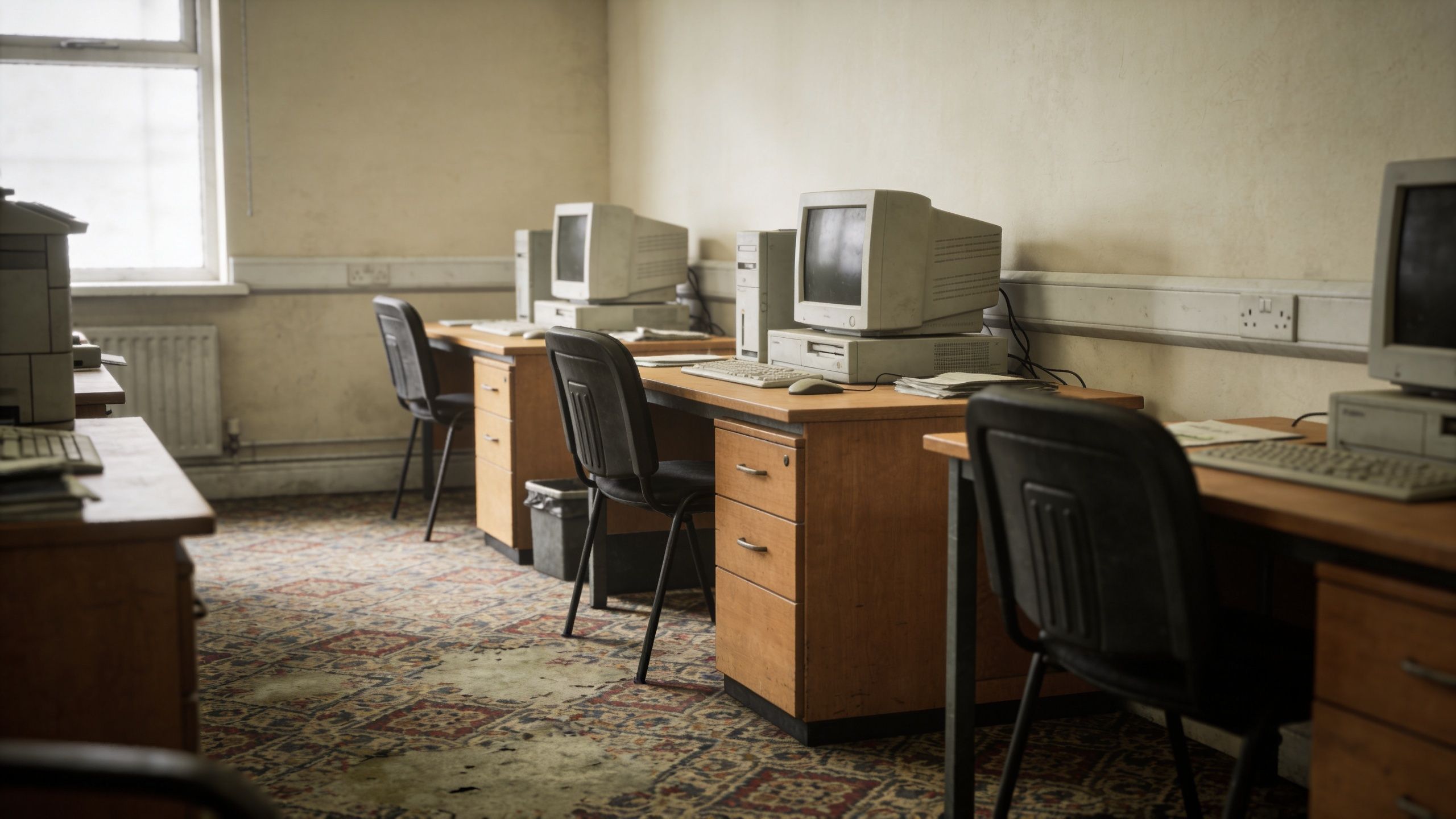 A row of outdated computer workstations in a dimly lit office with worn patterned carpeting.