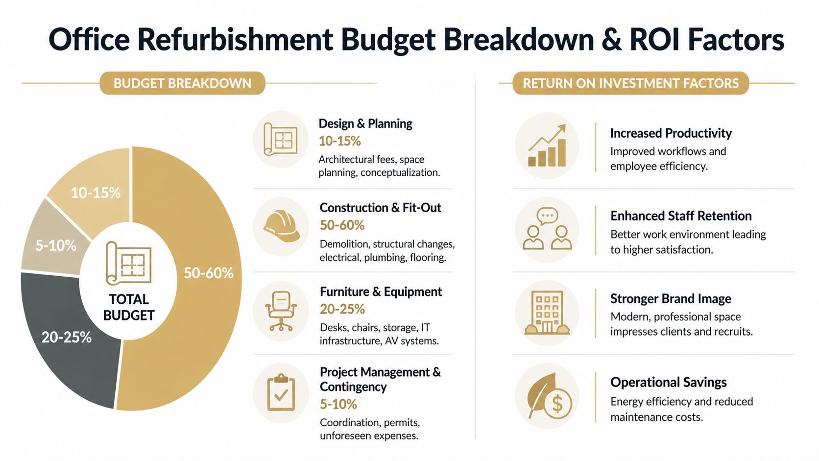 A visual breakdown of an office refurbishment budget and the return on investment factors for businesses.
