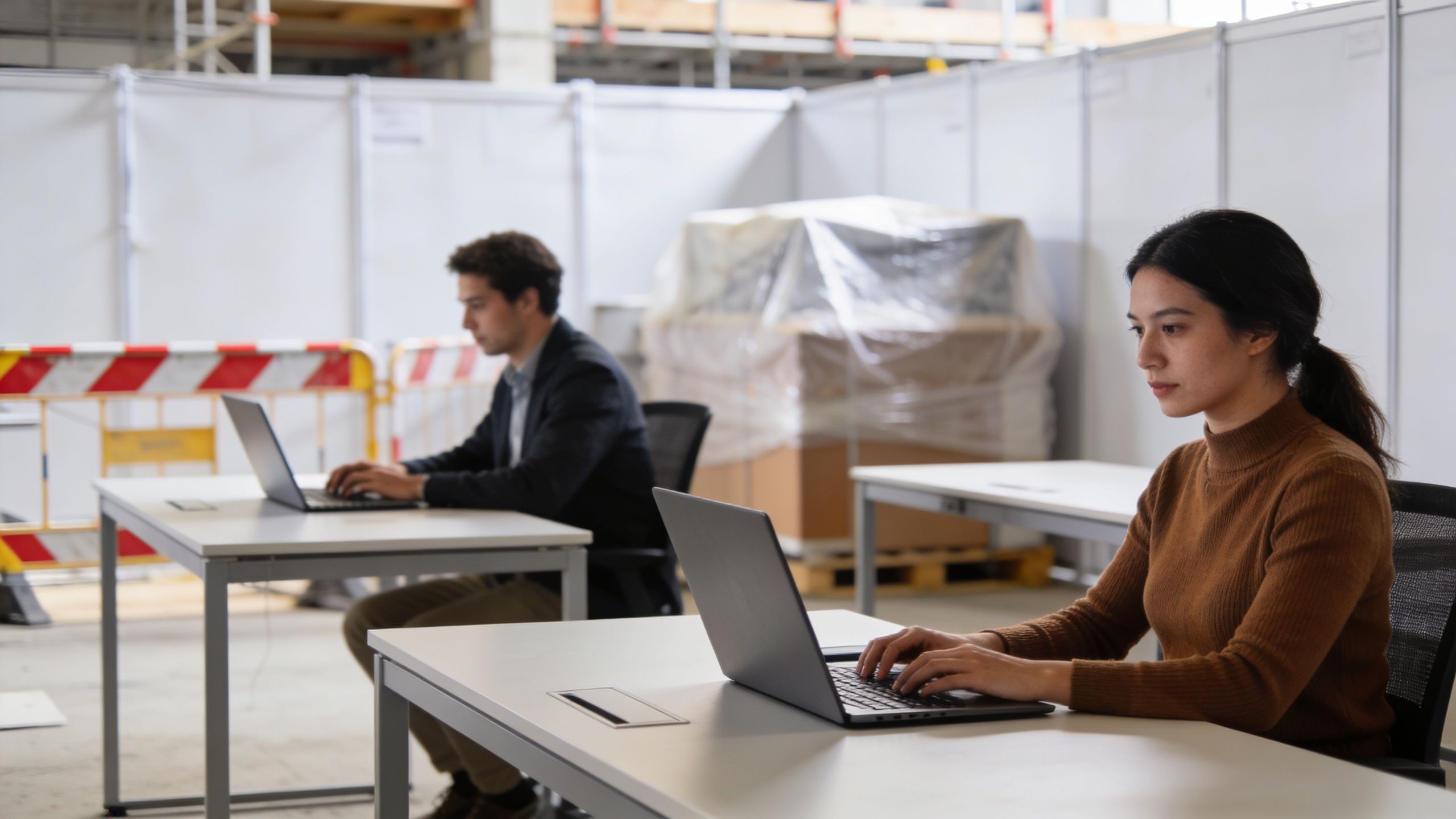 A man and a woman working on laptops at desks in an office undergoing renovation or construction.