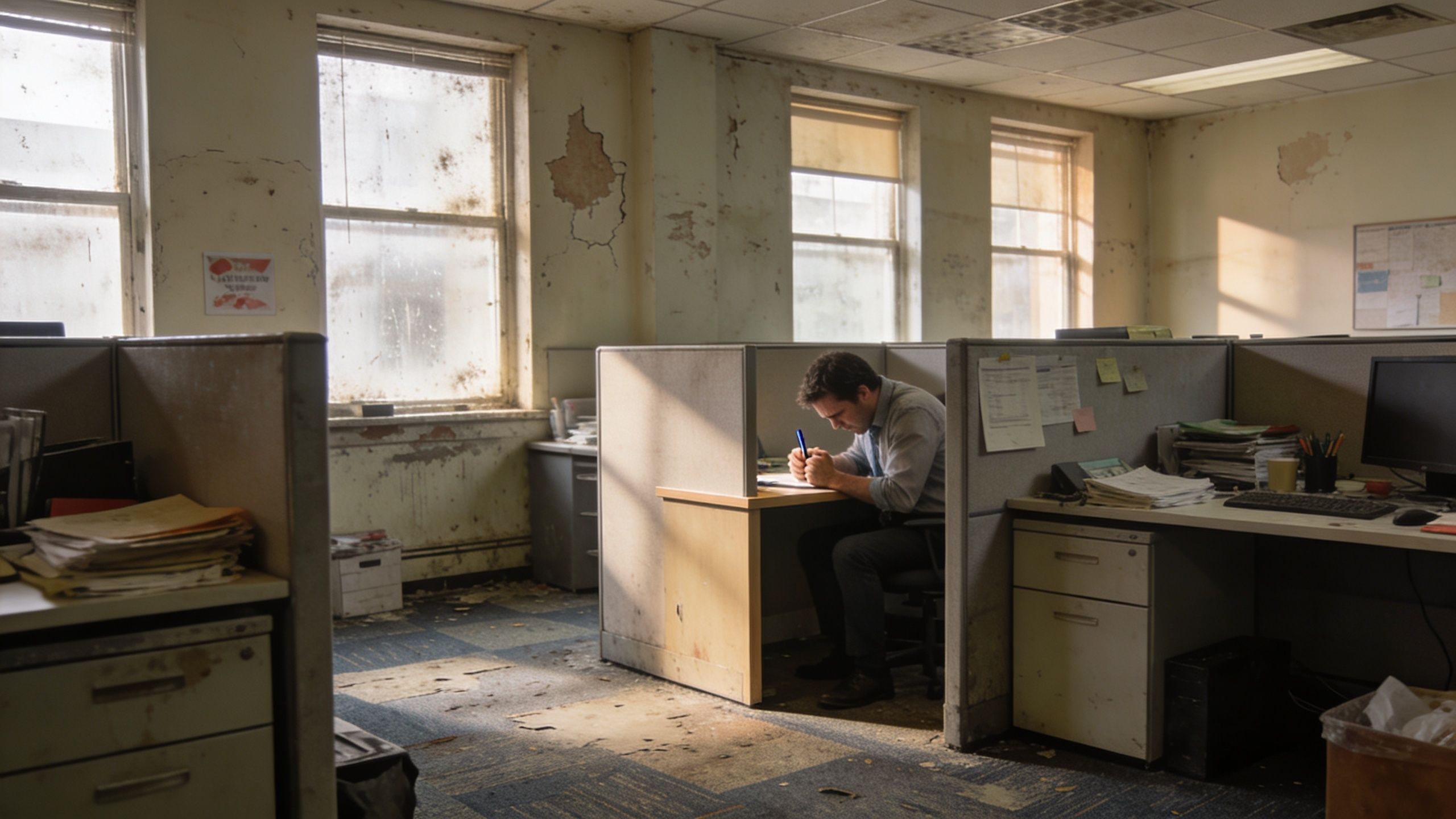 A lonely employee sitting in a cubicle within a derelict, run-down office space with peeling walls.