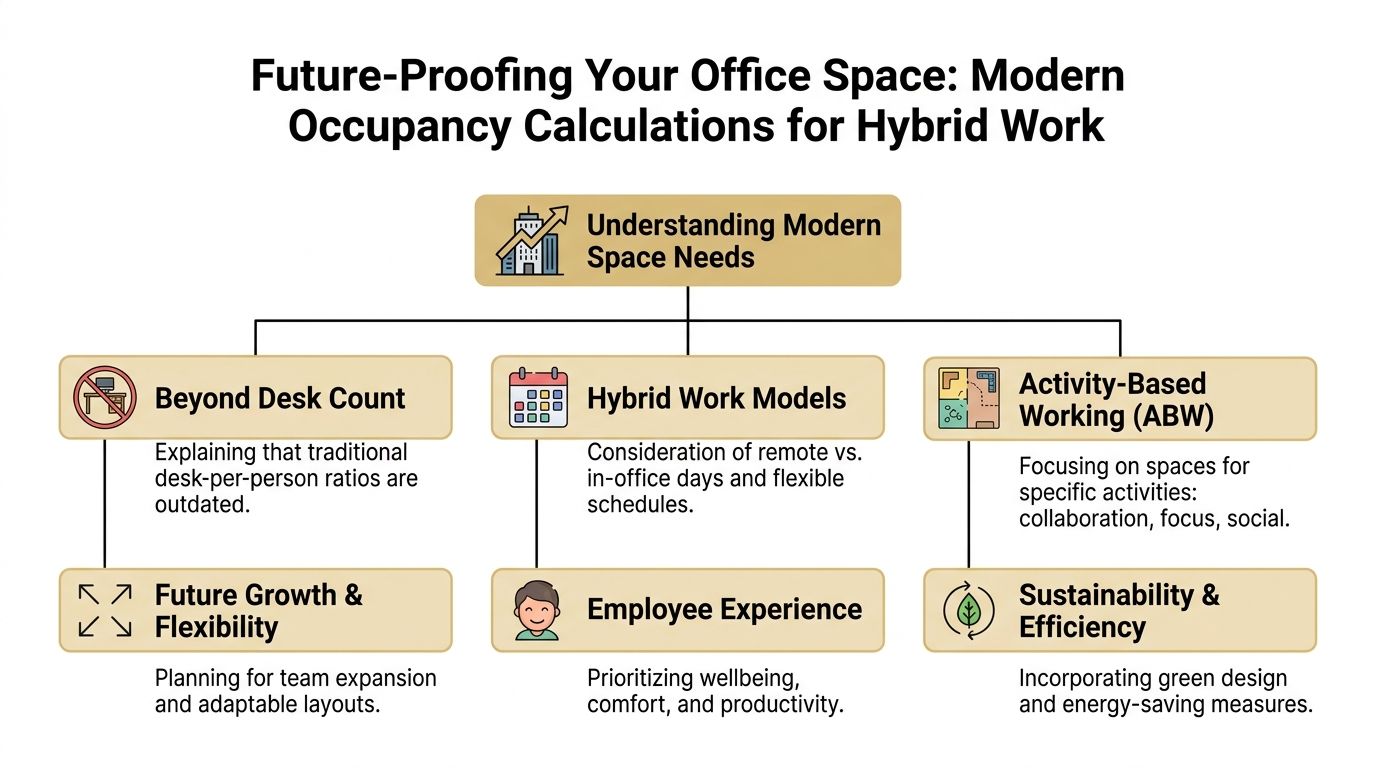 A diagram outlining strategies for modern office space planning and hybrid work occupancy calculations.