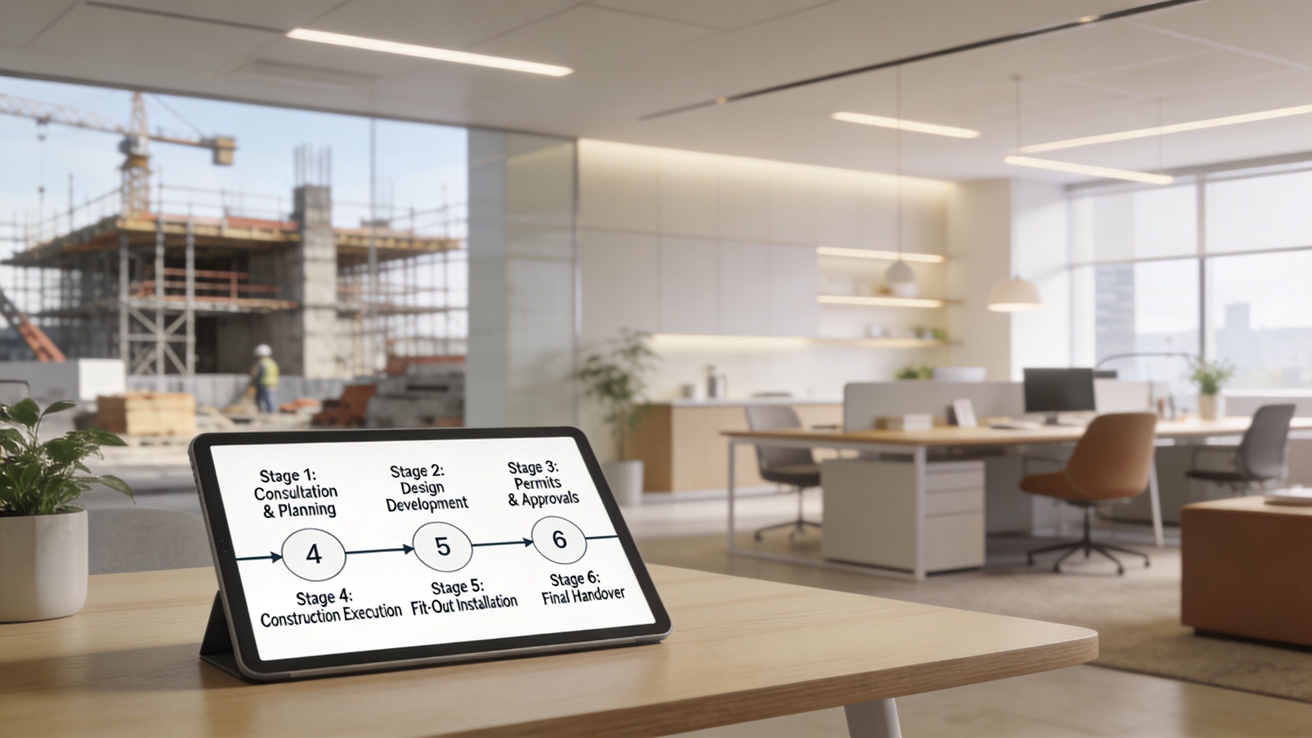 A tablet on a wooden desk displaying a six-stage office construction and planning process timeline.