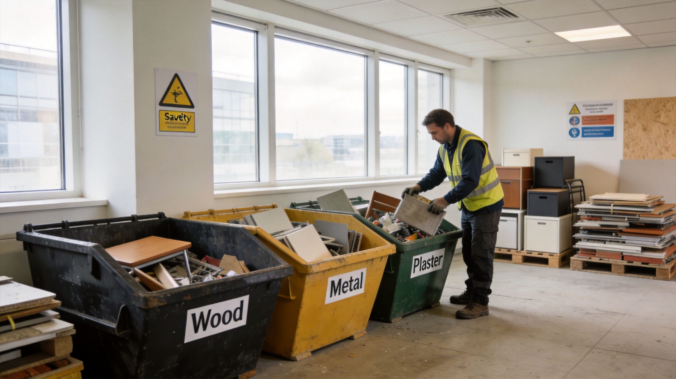 A worker in a high-visibility vest sorting debris into labeled waste bins in an office recycling area.