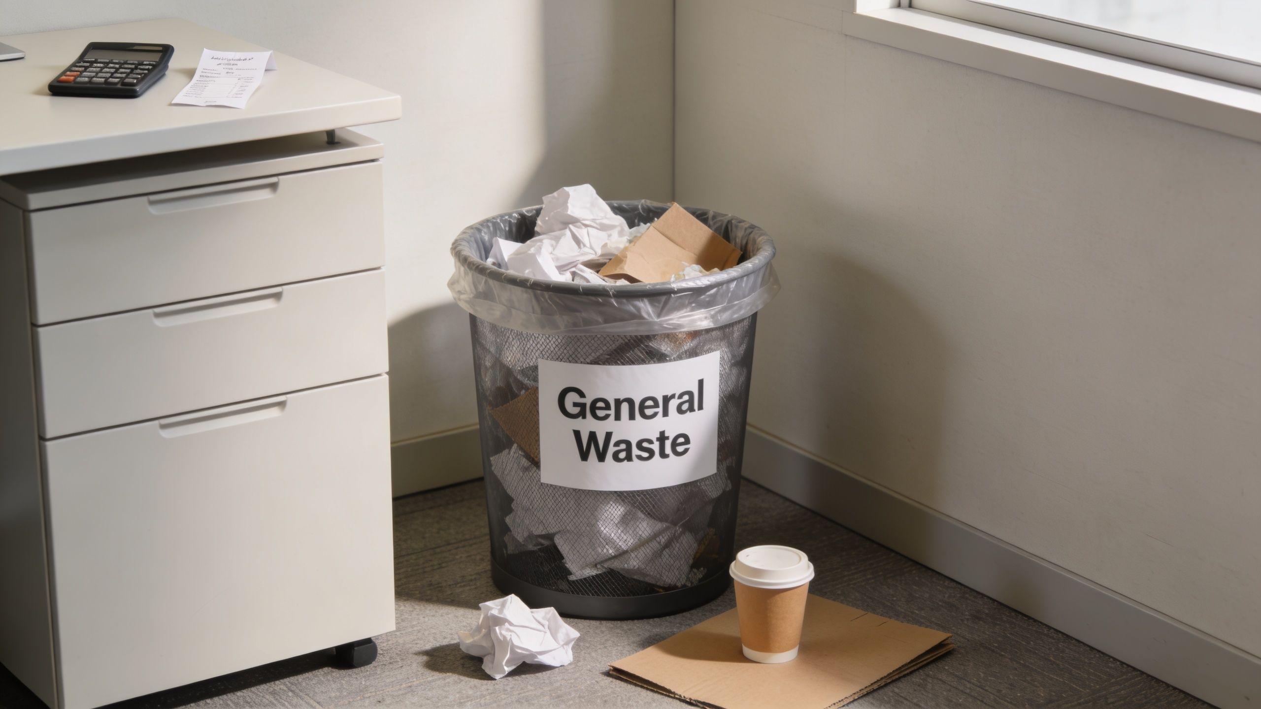 A mesh wastebasket labeled General Waste next to a desk with a coffee cup and cardboard scraps.
