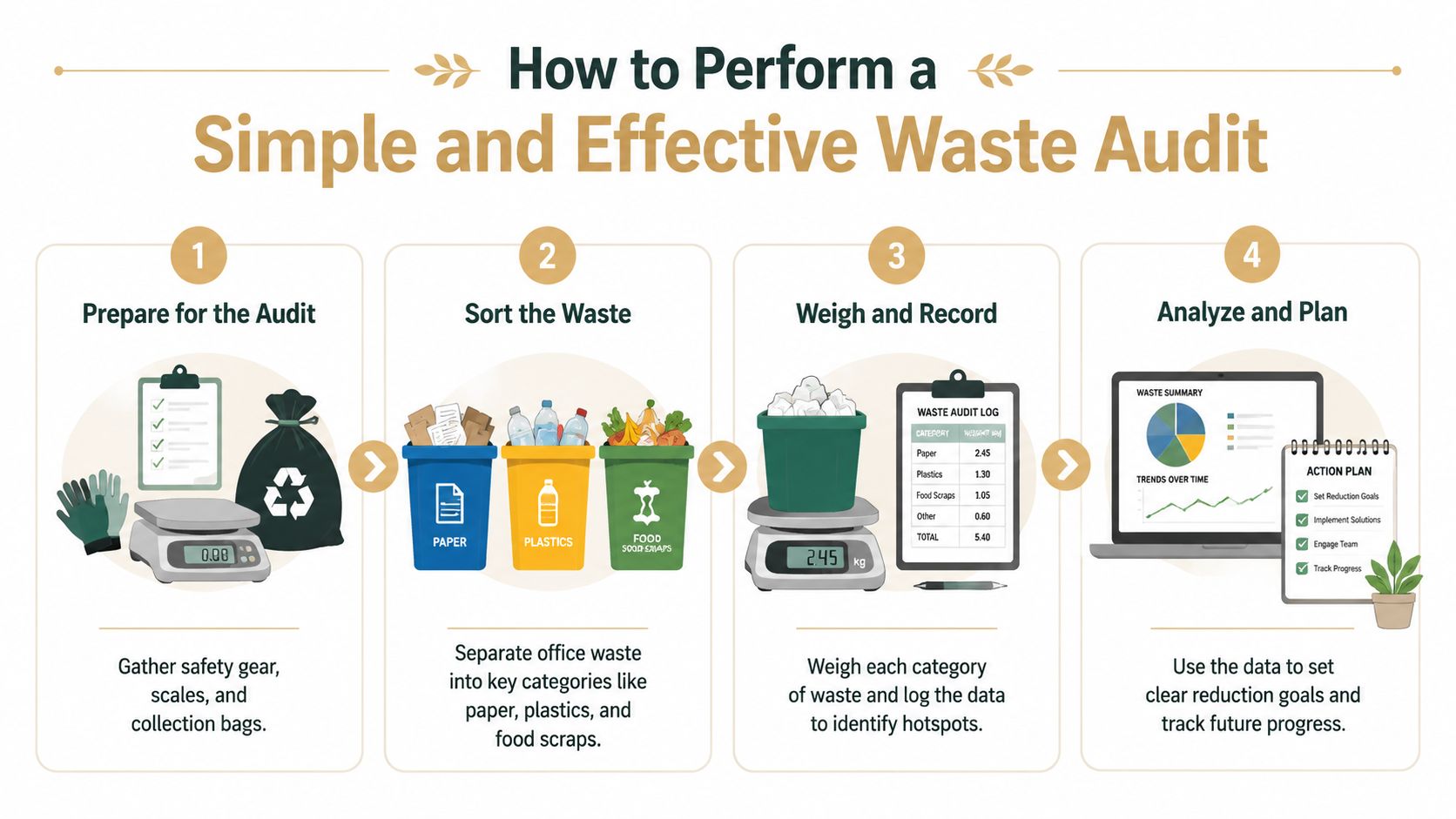 A step-by-step infographic illustrating how to conduct an effective office waste audit in four simple phases.
