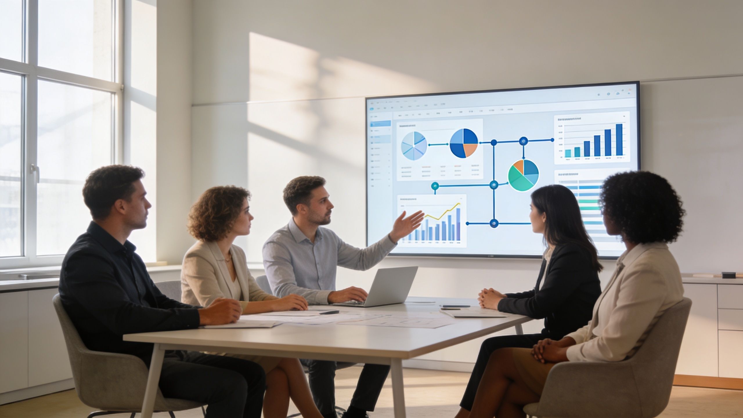 A professional team in a modern office having a business meeting while analyzing digital data on screen.