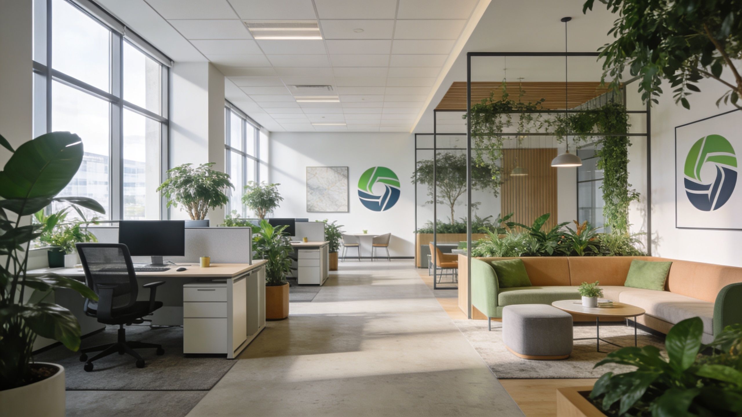 A modern, open-plan office space featuring a mix of professional workstations, a cozy lounge area, and indoor plants.