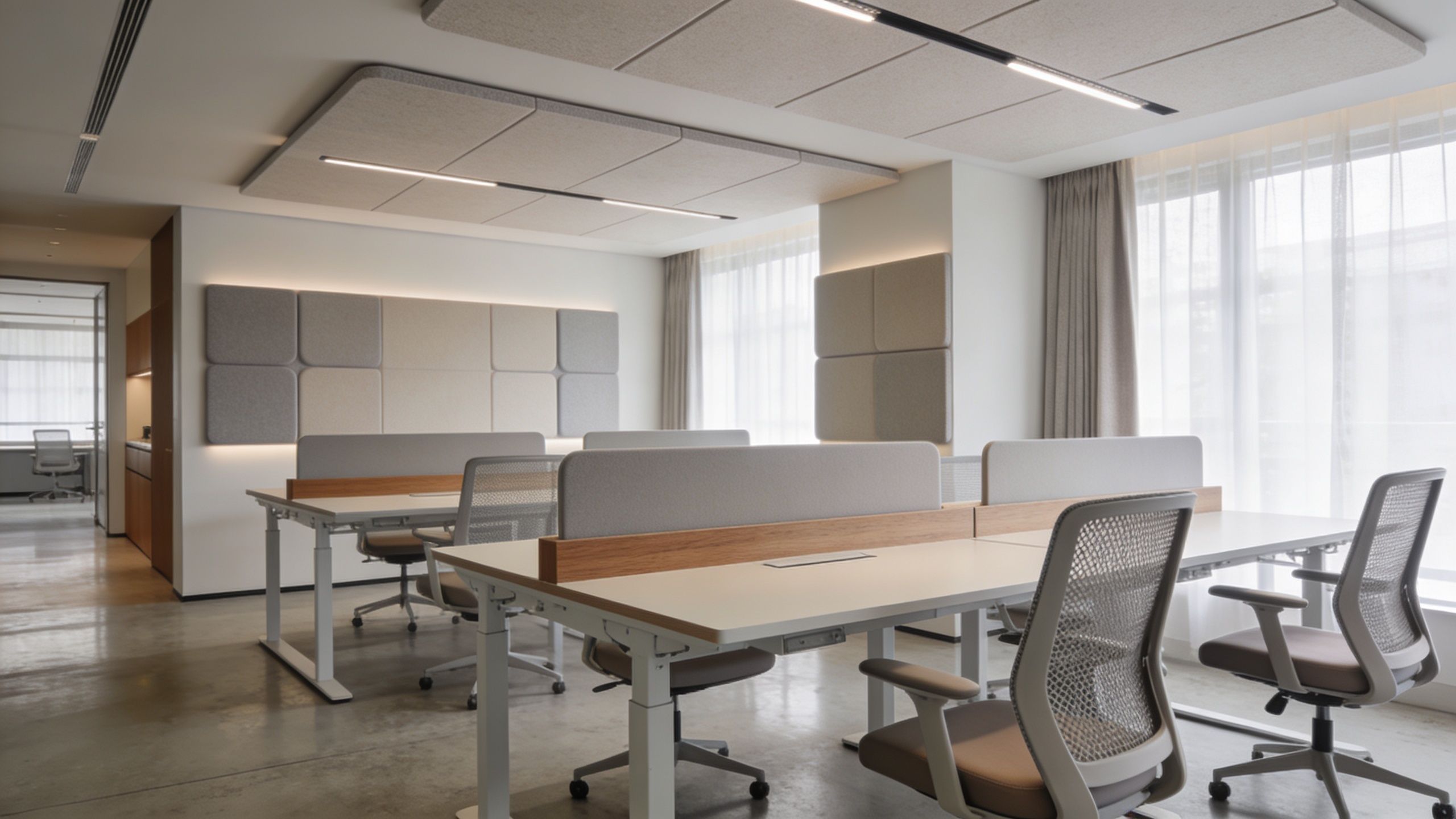 A modern, minimalist office space featuring ergonomic chairs, clean white desks, and acoustic wall panels.