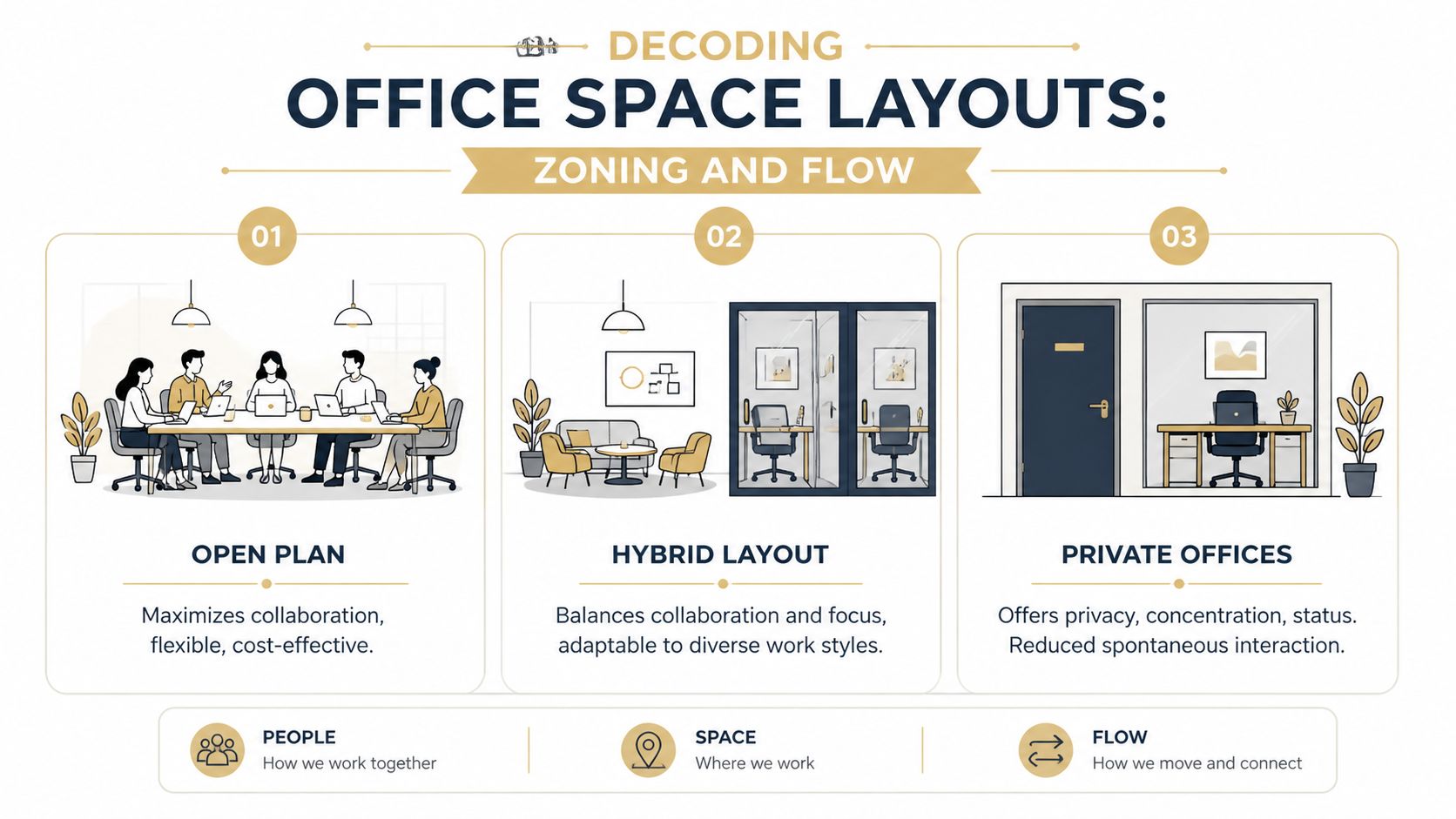An infographic titled Decoding Office Space Layouts comparing open plan, hybrid, and private office setups.