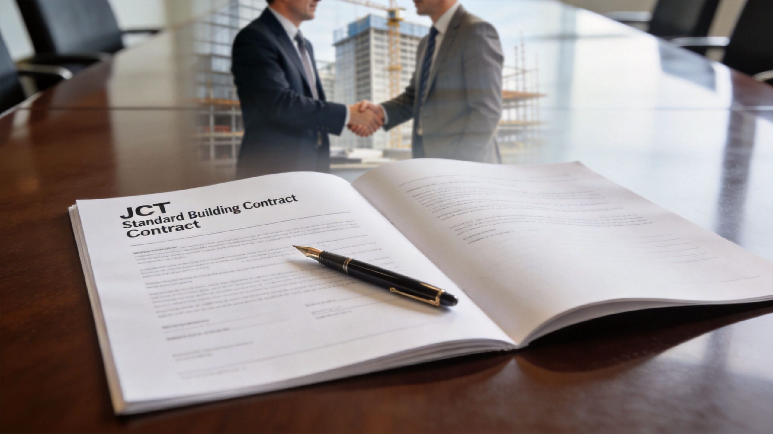A JCT Standard Building Contract document with a fountain pen resting on it on a conference table.