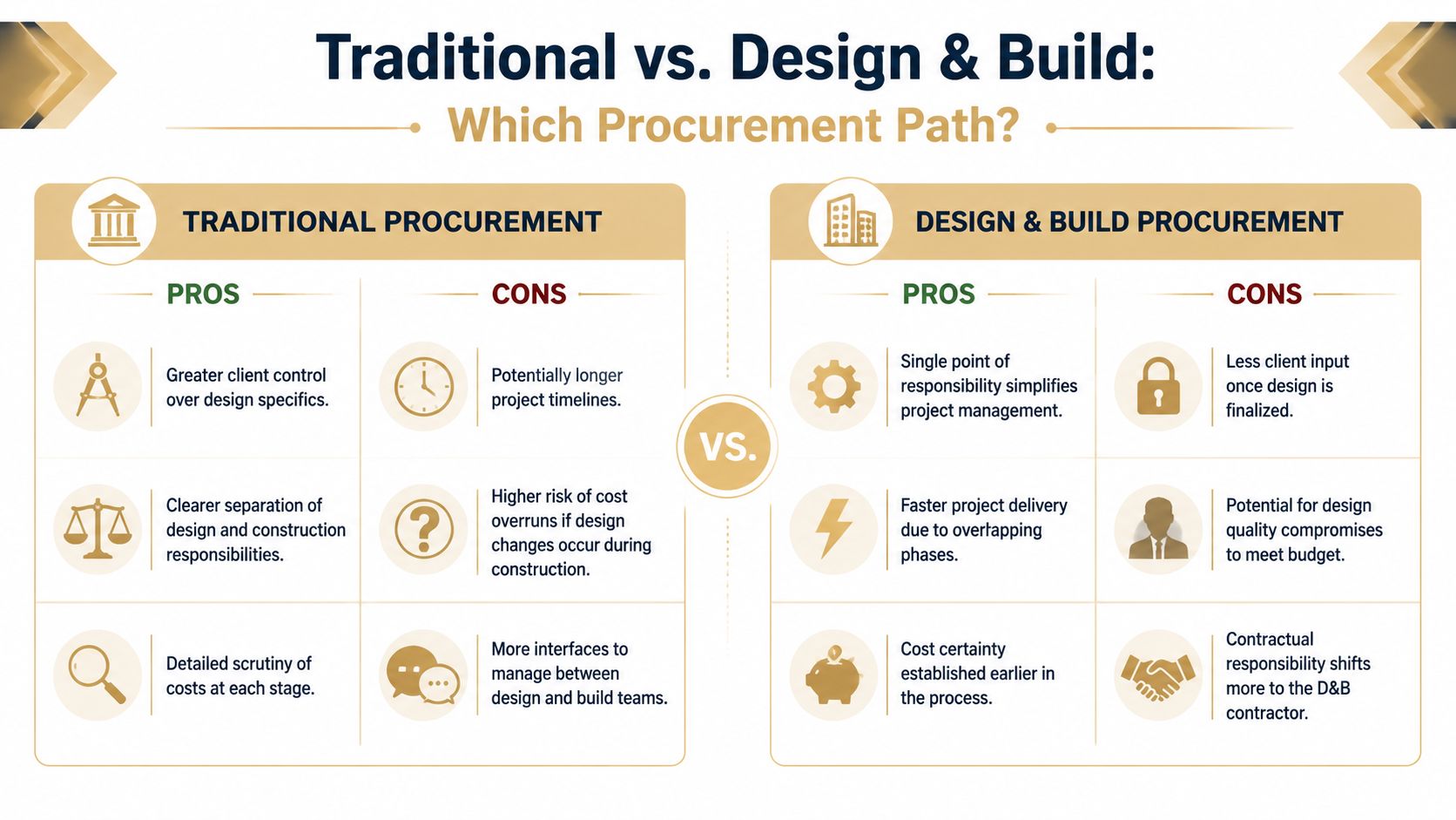 A comparison chart outlining the pros and cons of traditional versus design and build project procurement methods.