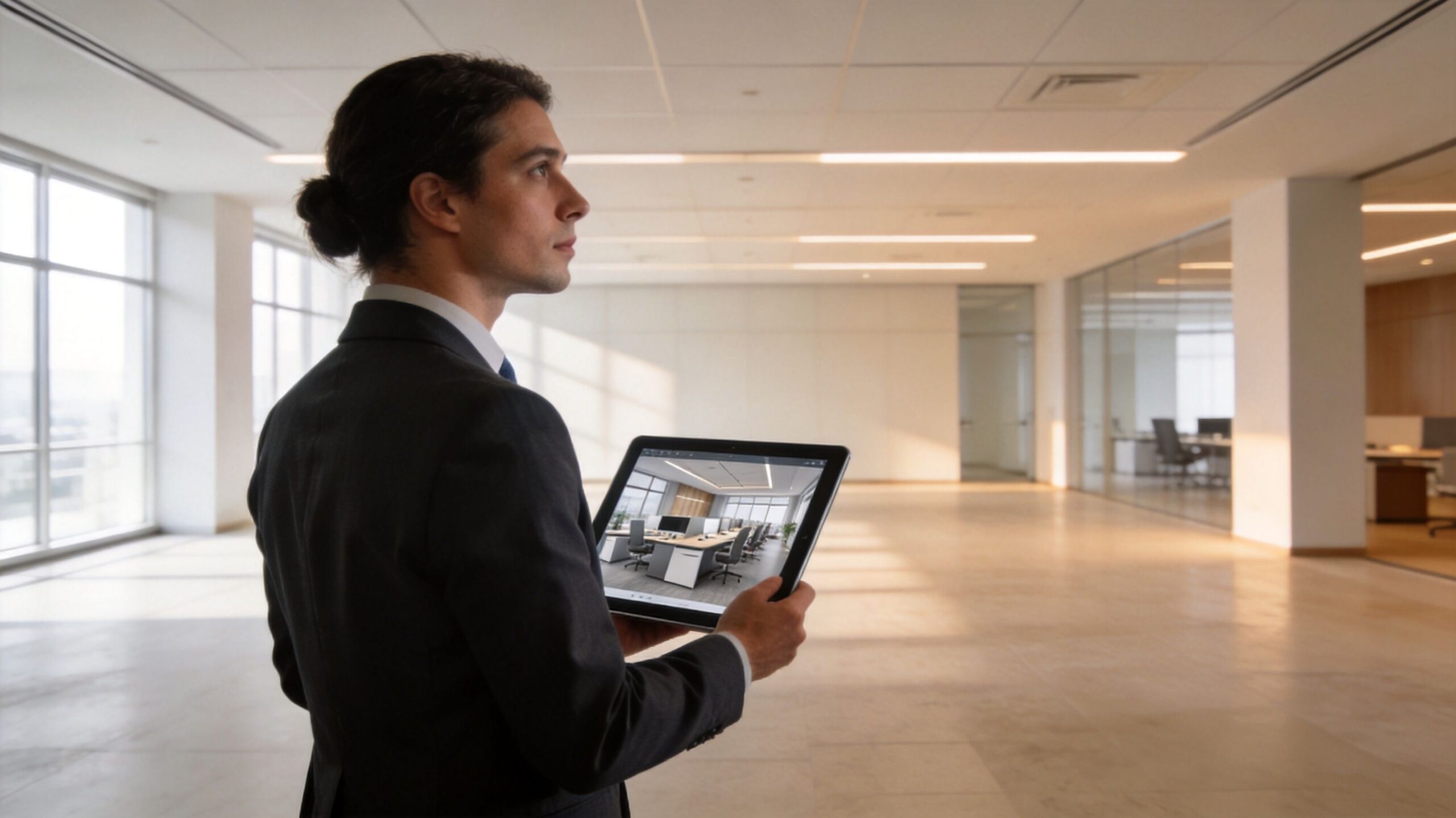 A professional man holding a tablet showcasing a modern office interior design project in a vacant space.