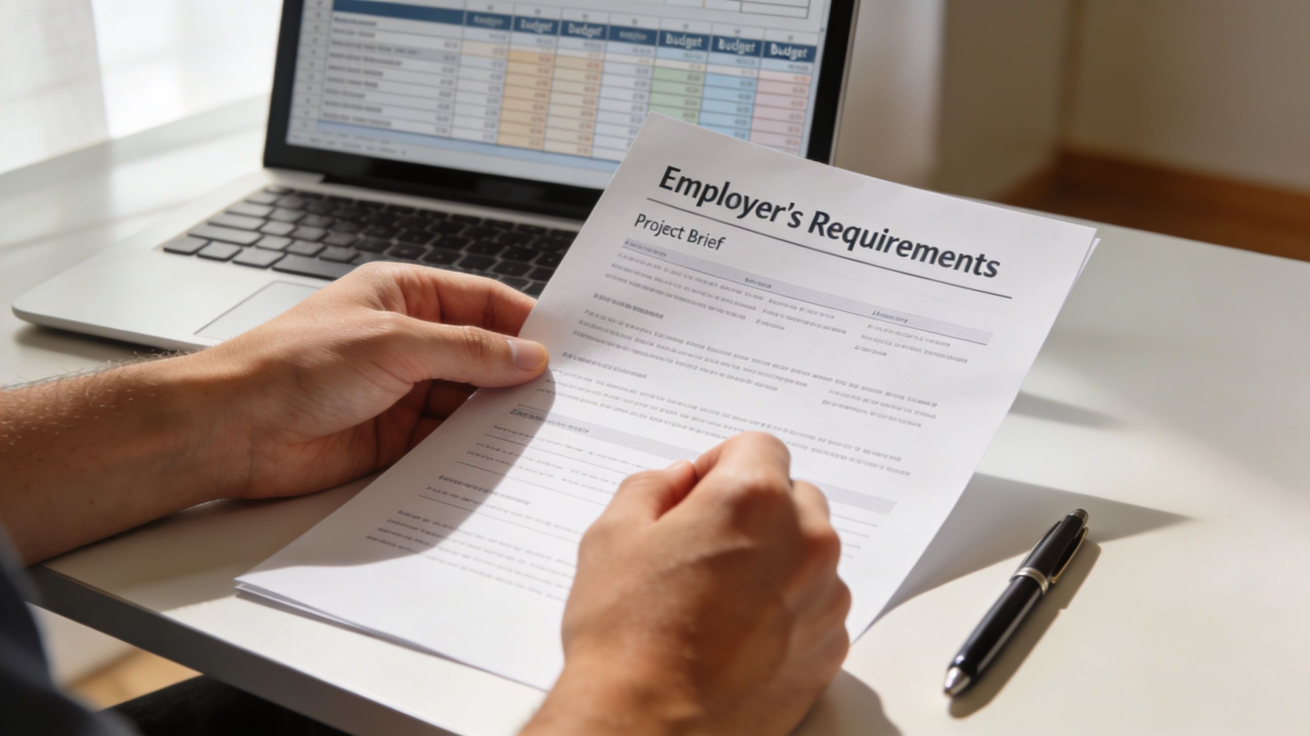A person holds a document titled Employer's Requirements while sitting at a desk with a laptop.