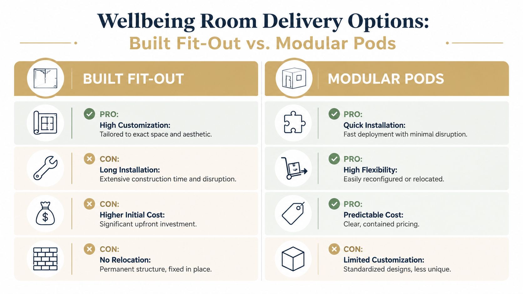 A comparison chart outlining the pros and cons of built fit-out versus modular pods for wellbeing rooms.