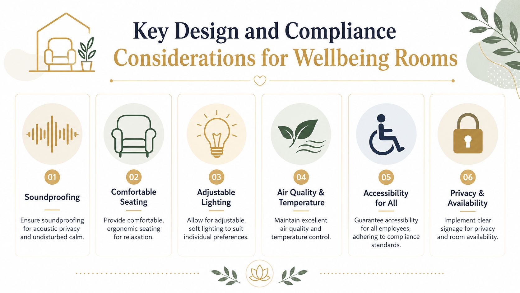 An infographic detailing six essential design and compliance considerations for creating inclusive and functional workplace wellbeing rooms.