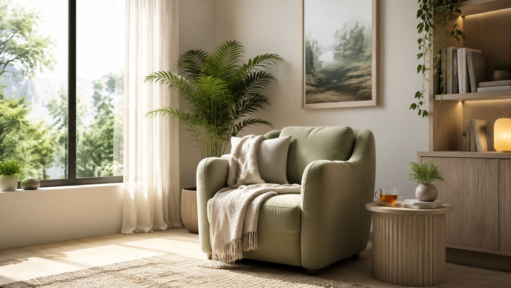 A cozy, minimalist reading nook with a sage green armchair, warm lighting, and lush indoor plants.