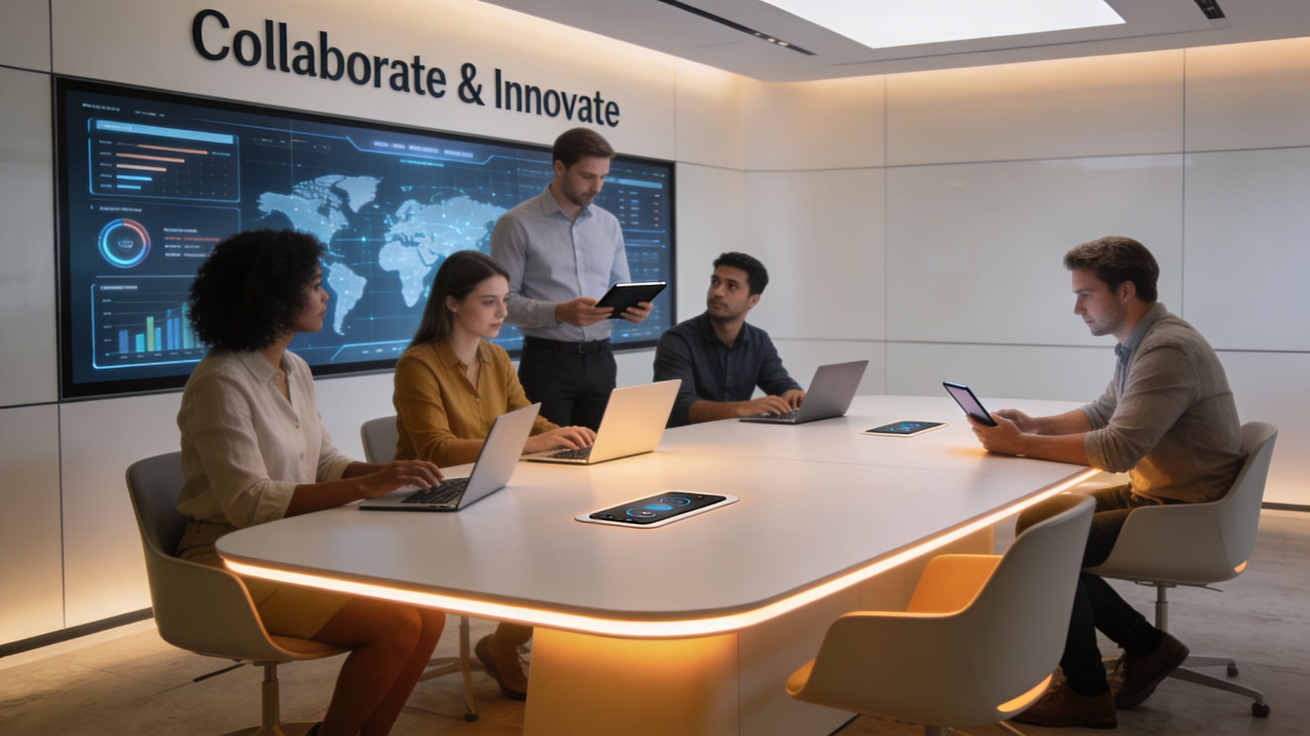 A professional team collaborates on a workplace transformation strategy using modern technology in a bright conference room.