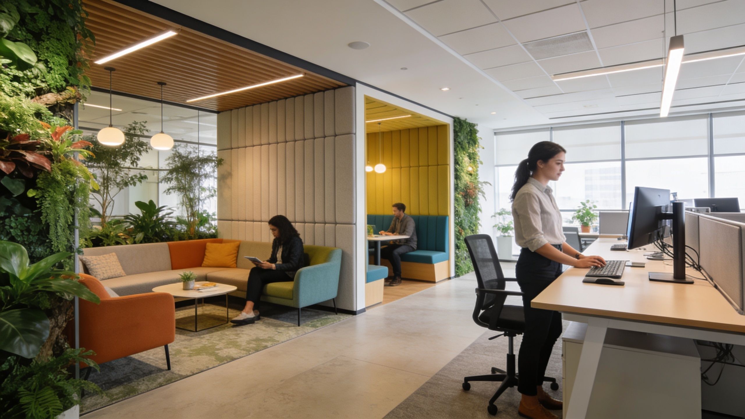 A bright modern office featuring a collaborative seating area, green wall, and a woman working at her desk.